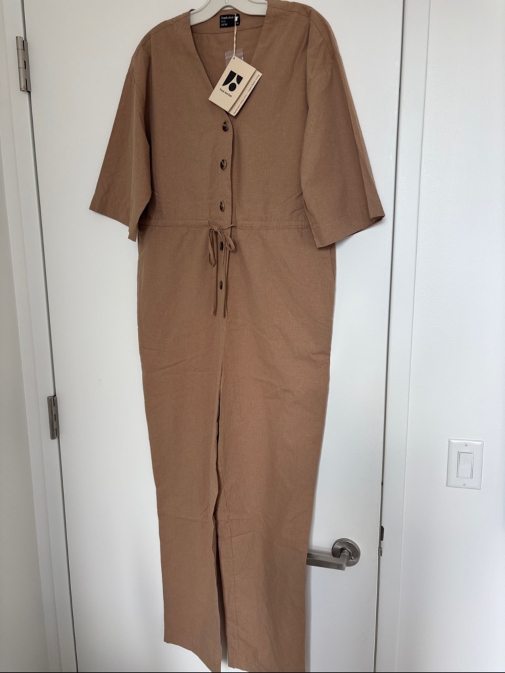 Frank & Oak Women's Cotton-Blend Tan Button-Front Drawstring Jumpsuit